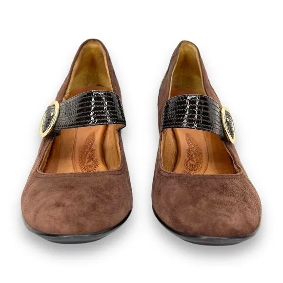 Sofft Florence Mary Jane Chocolate Brown Suede Patent Leather Buckle Pumps 8