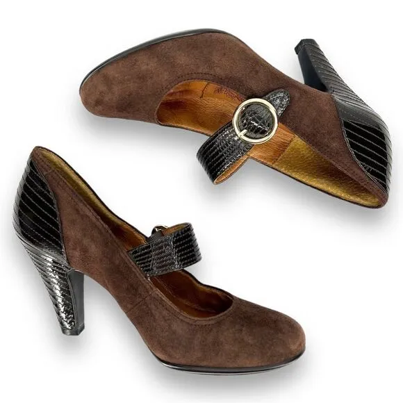 Sofft Florence Mary Jane Chocolate Brown Suede Patent Leather Buckle Pumps 8