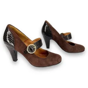 Sofft Florence Mary Jane Chocolate Brown Suede Patent Leather Buckle Pumps 8