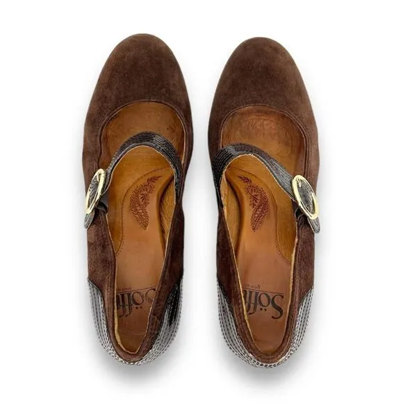Sofft Florence Mary Jane Chocolate Brown Suede Patent Leather Buckle Pumps 8