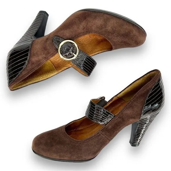Sofft Florence Mary Jane Chocolate Brown Suede Patent Leather Buckle Pumps 8