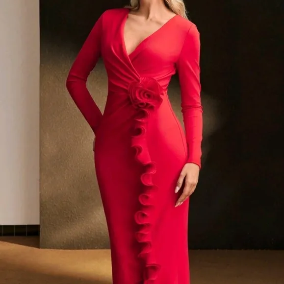 SOLID SURPLICE NECK STEREO FLOWER RUFFLE TRIM SLIM FIT DRESS