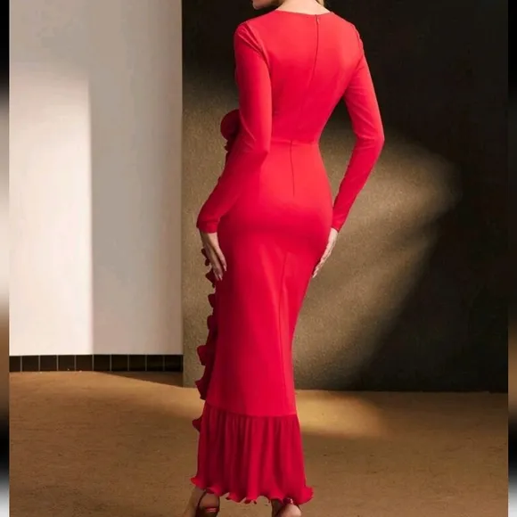 SOLID SURPLICE NECK STEREO FLOWER RUFFLE TRIM SLIM FIT DRESS