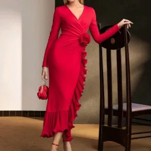 SOLID SURPLICE NECK STEREO FLOWER RUFFLE TRIM SLIM FIT DRESS