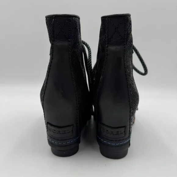 Sorel 1964 Premium Waterproof Snake Print Black Laced Wedge Boots Womens Size 8