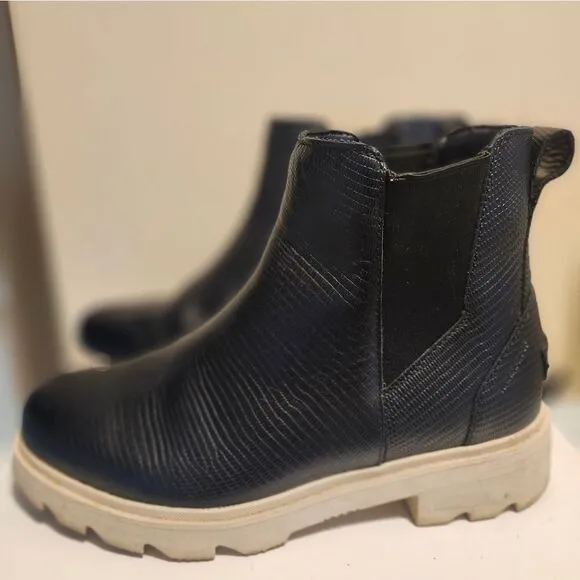 SOREL &quot;Lennox&quot; Black Waterproof Leather  Lug Sole Pull-on Boots sz.6.5 Ret.$170
