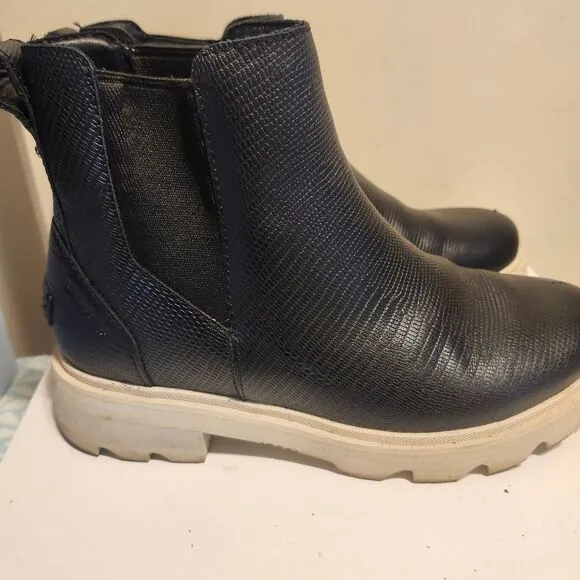 SOREL &quot;Lennox&quot; Black Waterproof Leather  Lug Sole Pull-on Boots sz.6.5 Ret.$170