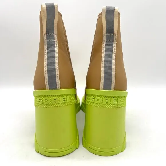 SOREL Brex Waterproof Platform Boots Womens 8.5 Tan Green Chunky Leather Chelsea