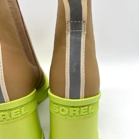 SOREL Brex Waterproof Platform Boots Womens 8.5 Tan Green Chunky Leather Chelsea