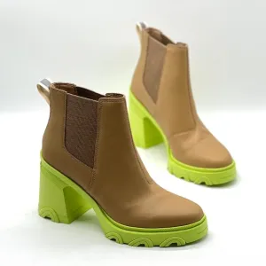 SOREL Brex Waterproof Platform Boots Womens 8.5 Tan Green Chunky Leather Chelsea