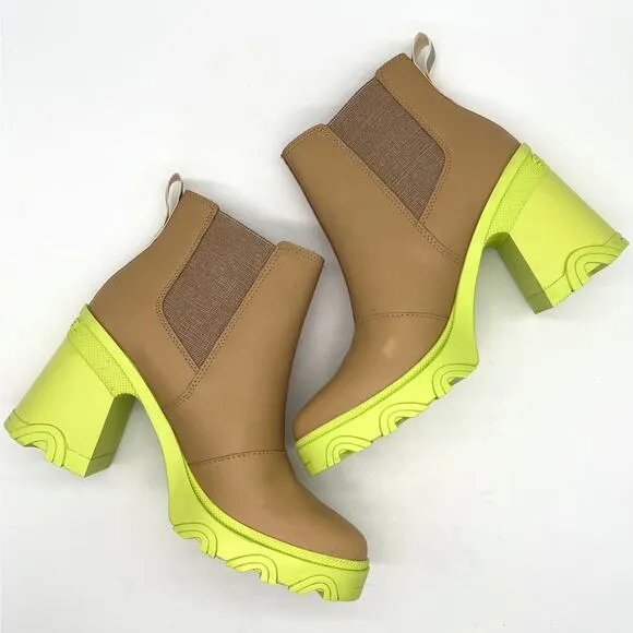 SOREL Brex Waterproof Platform Boots Womens 8.5 Tan Green Chunky Leather Chelsea