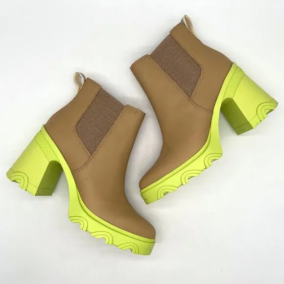 SOREL Brex Waterproof Platform Boots Womens 8.5 Tan Green Chunky Leather Chelsea