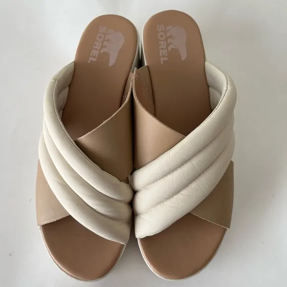 Sorel Cameron Flatform Platform Puff Strap Criss Cross Sandals Mules Size 9.5