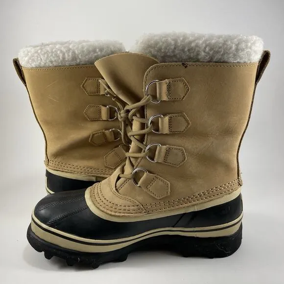 Sorel Caribou Snow Boots Womens Size 7.5 Warm Lined Tan Leather Waterproof Duck