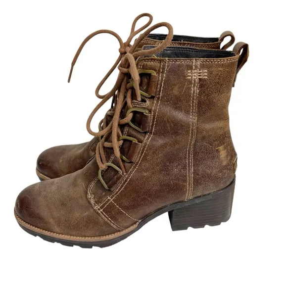 SOREL Cate Lace up Brown Leather Boots Women's 7.5 Waterproof Rubber Lug Sole