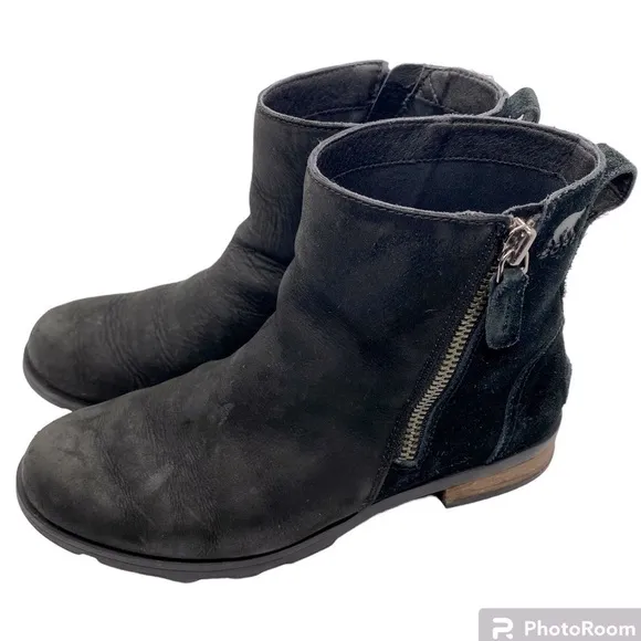 Sorel Emelie Zip Ankle Boots Black Leather Waterproof Size 7.5