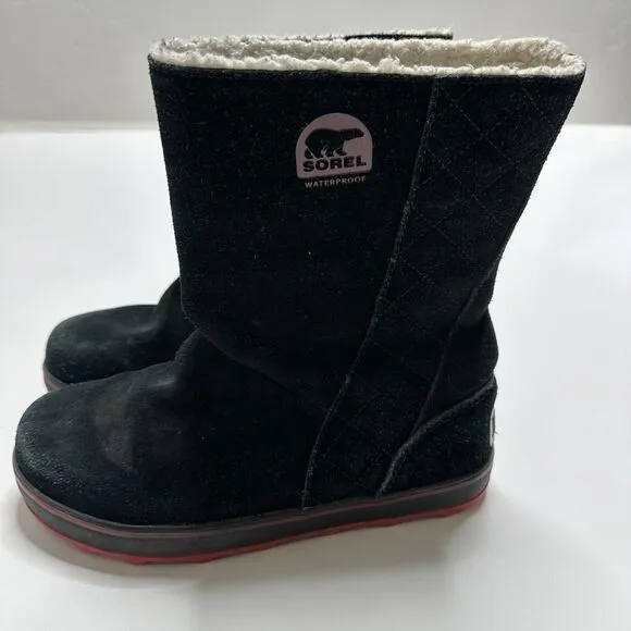 SOREL Glacy Black &amp; Pink/Red Sherpa Lined Waterproof Suede Boots - Women Size 7