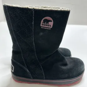 SOREL Glacy Black &amp; Pink/Red Sherpa Lined Waterproof Suede Boots - Women Size 7