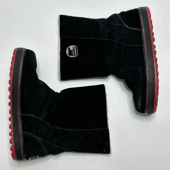 SOREL Glacy Black &amp; Pink/Red Sherpa Lined Waterproof Suede Boots - Women Size 7