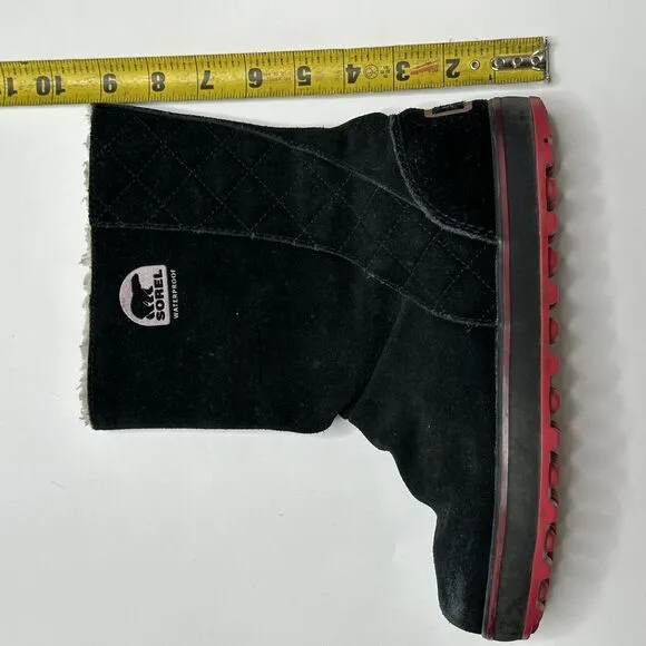 SOREL Glacy Black &amp; Pink/Red Sherpa Lined Waterproof Suede Boots - Women Size 7