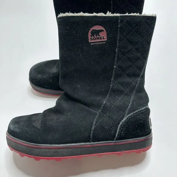 SOREL Glacy Black &amp; Pink/Red Sherpa Lined Waterproof Suede Boots - Women Size 7