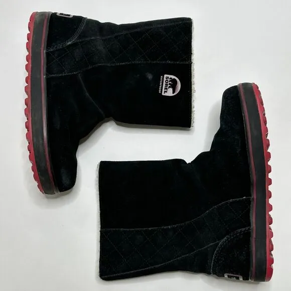 SOREL Glacy Black &amp; Pink/Red Sherpa Lined Waterproof Suede Boots - Women Size 7