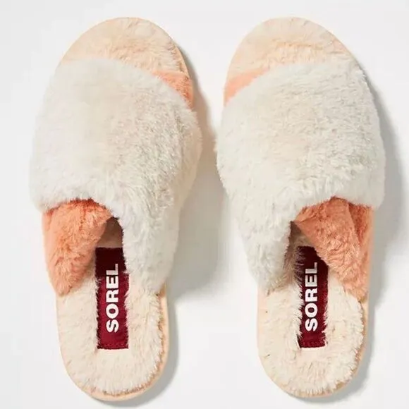 Sorel Go Mail Run Faux Fur Cotton Slippers, Cozy House Shoes , Cream, Size 8, NW