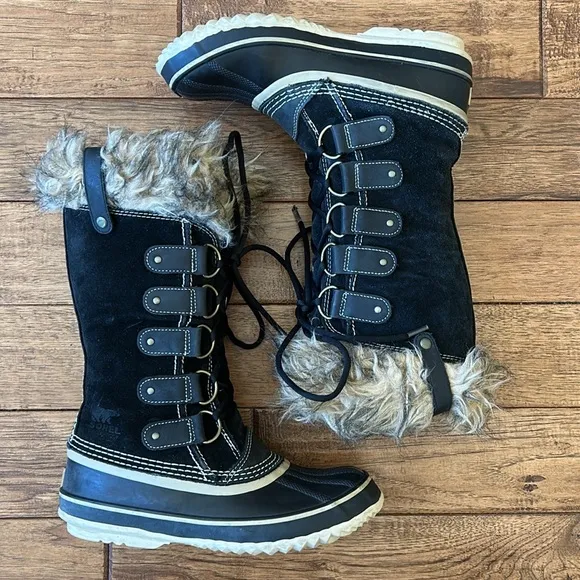 Sorel Joan of Arctic Waterproof Suede Winter Snow Boots Faux Fur Black Size 9
