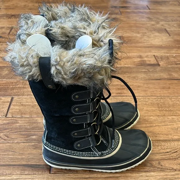 Sorel Joan of Arctic Waterproof Suede Winter Snow Boots Faux Fur Black Size 9