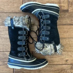 Sorel Joan of Arctic Waterproof Suede Winter Snow Boots Faux Fur Black Size 9