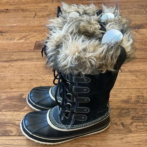 Sorel Joan of Arctic Waterproof Suede Winter Snow Boots Faux Fur Black Size 9