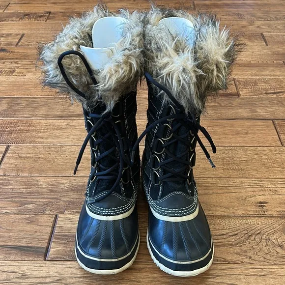 Sorel Joan of Arctic Waterproof Suede Winter Snow Boots Faux Fur Black Size 9
