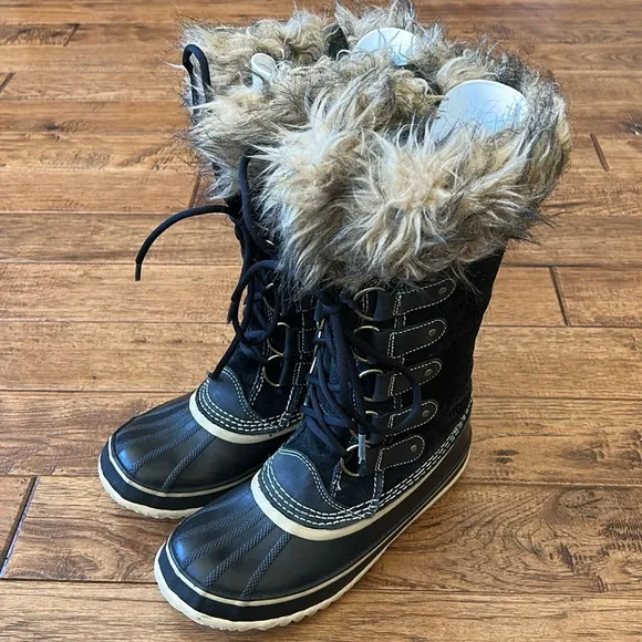 Sorel Joan of Arctic Waterproof Suede Winter Snow Boots Faux Fur Black Size 9