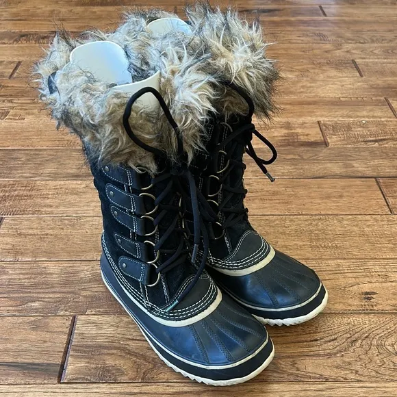 Sorel Joan of Arctic Waterproof Suede Winter Snow Boots Faux Fur Black Size 9