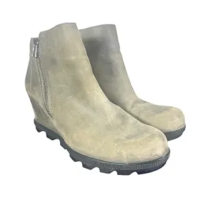 Sorel Joan of arctic Wedge Booties Sz 9 leather Waterproof Side Zip Taupe Boots