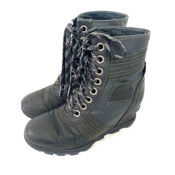 Sorel Lexie Wedge Women Waterproof Black Leather Ankle Boots NL3046-010 Sz 6.5