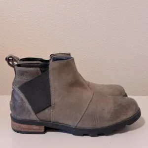 Sorel NL2671 Gray Leather Emelie Waterproof Chelsea Ankle Womens Boots Size 7