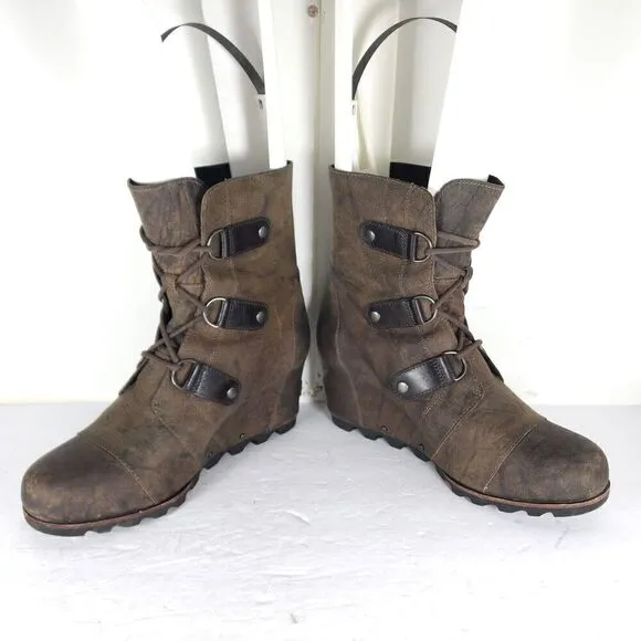 Sorel Women's Joan of Arctic US 11 Brown Leather Lace Up Wedge Mid-Calf Boots