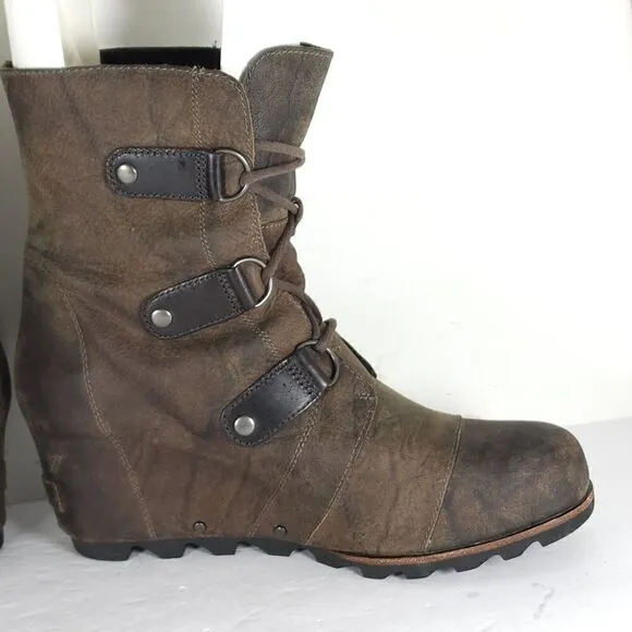 Sorel Women's Joan of Arctic US 11 Brown Leather Lace Up Wedge Mid-Calf Boots