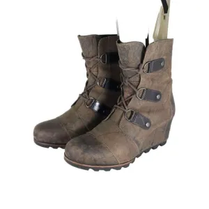 Sorel Women's Joan of Arctic US 11 Brown Leather Lace Up Wedge Mid-Calf Boots