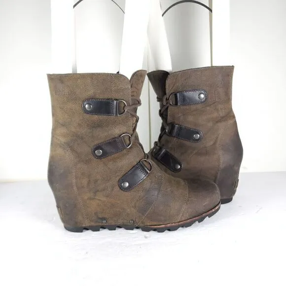 Sorel Women's Joan of Arctic US 11 Brown Leather Lace Up Wedge Mid-Calf Boots