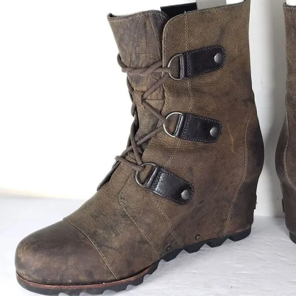 Sorel Women's Joan of Arctic US 11 Brown Leather Lace Up Wedge Mid-Calf Boots