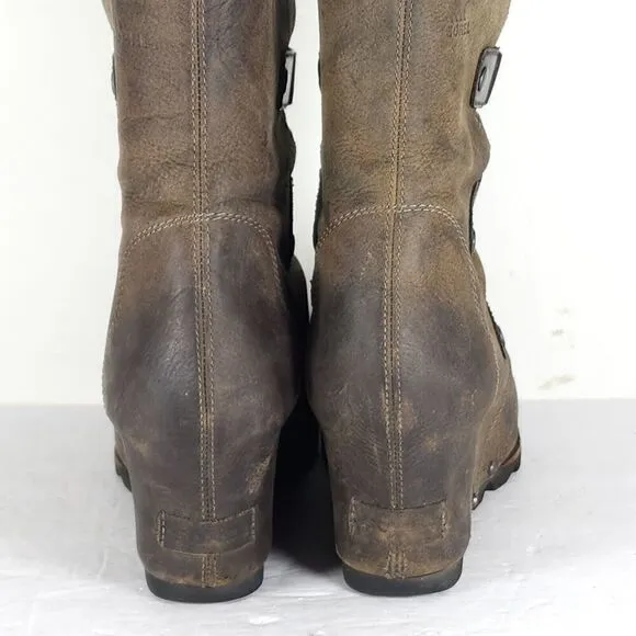Sorel Women's Joan of Arctic US 11 Brown Leather Lace Up Wedge Mid-Calf Boots