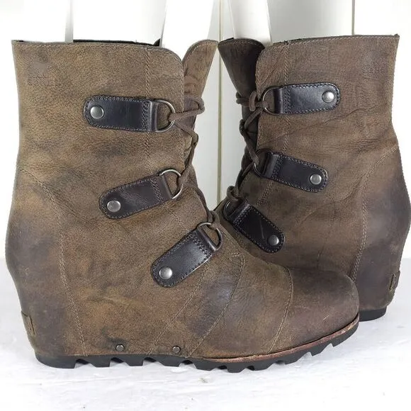 Sorel Women's Joan of Arctic US 11 Brown Leather Lace Up Wedge Mid-Calf Boots