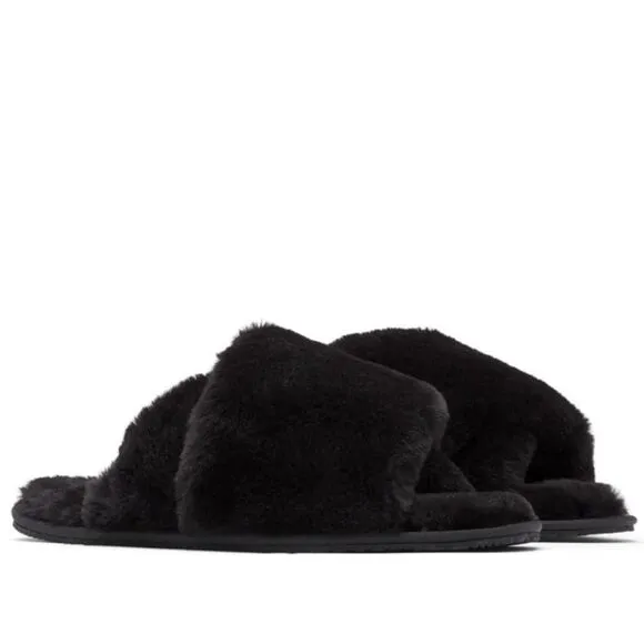 Sorel Go Mail Run Faux Fur Cotton Slippers, Cozy House Shoes , Black, Size 8, NW