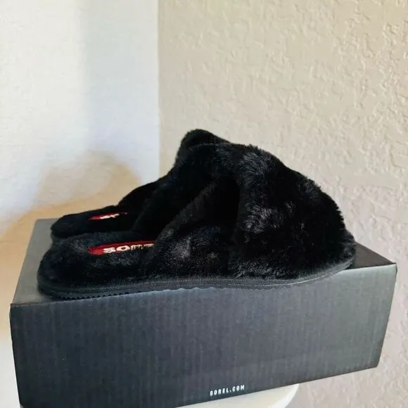 Sorel Go Mail Run Faux Fur Cotton Slippers, Cozy House Shoes , Black, Size 8, NW