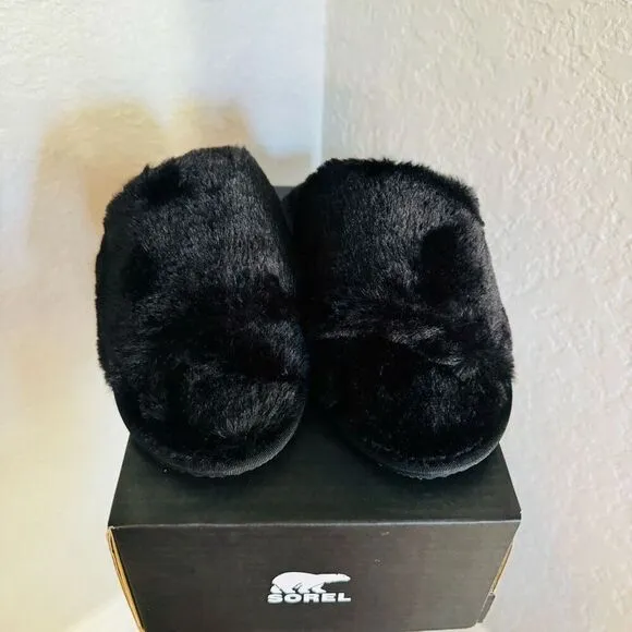 Sorel Go Mail Run Faux Fur Cotton Slippers, Cozy House Shoes , Black, Size 8, NW