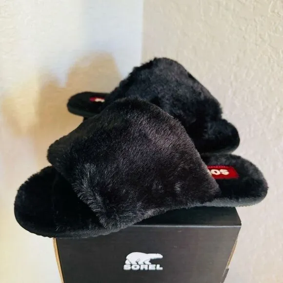 Sorel Go Mail Run Faux Fur Cotton Slippers, Cozy House Shoes , Black, Size 8, NW