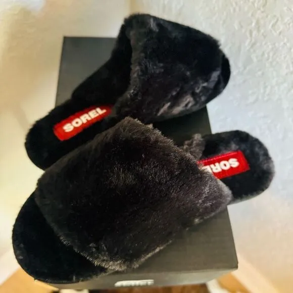 Sorel Go Mail Run Faux Fur Cotton Slippers, Cozy House Shoes , Black, Size 8, NW