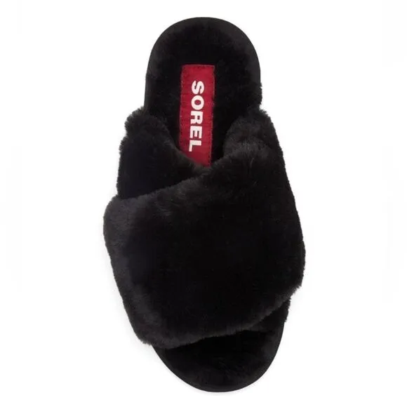 Sorel Go Mail Run Faux Fur Cotton Slippers, Cozy House Shoes , Black, Size 8, NW